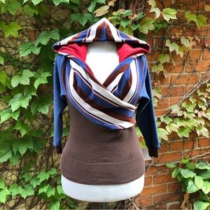 Retro Stripe Small/Medium Upcycled Red Blue Brown Hooded Streetwear Fall